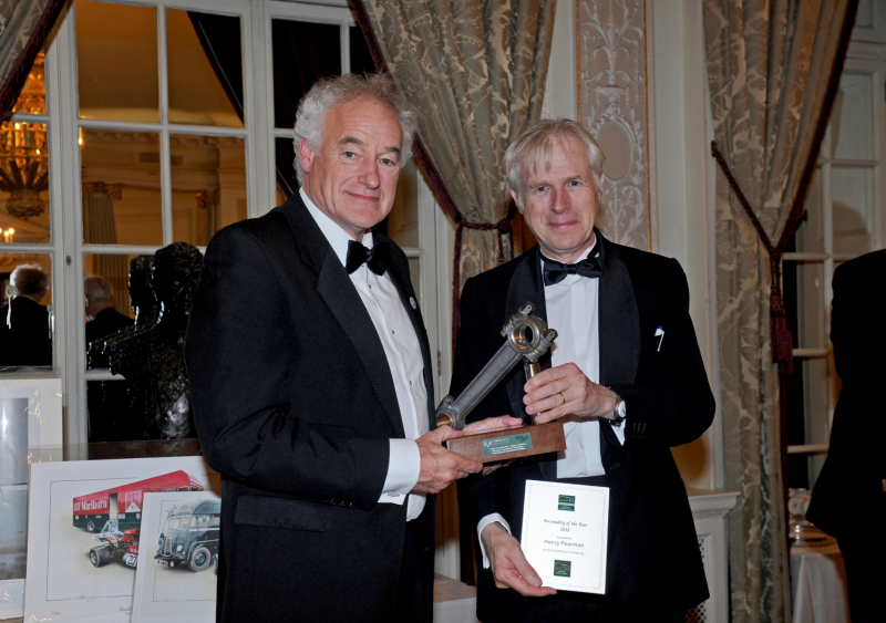 Henry Pearman (l) receiving BeaulieOne Hundred Personality of the Year Award from Lord Montagu (r)