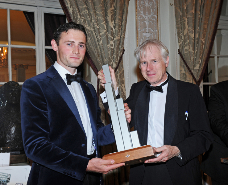 Jack Groves (l) receiving Beaulieu One Hundred Young Pioneer of the Year Award from Lord Montagu (r)