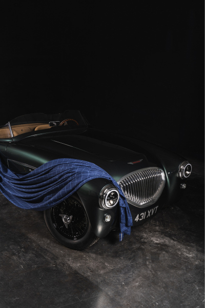 Car and draping with material by Scabal, portrait
