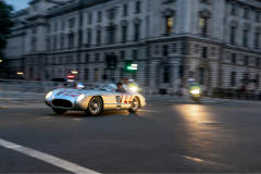 Mercedes-Benz 300 SLR “722” (W 196 S). Filming with the racing sports car for the short film “The Last Blast”, end of September 2021. With the unique drive through London, Mercedes-Benz Classic honored the life of Sir Stirling Moss, who died on 12 April 2020 at the age of 90. The racing driver and his co-driver Denis Jenkinson won the 1955 Mille Miglia with this car. Driving scene with escorting police motorcycle outriders in the background.
